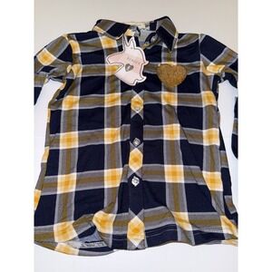 Btween‎ Girls Button Up Shirt 8 Plaid Navy Blue Yellow Gold Sequin Heart Top NWT